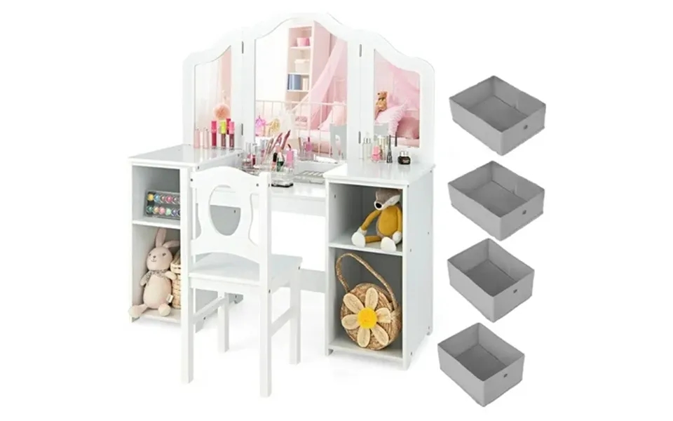 Olakids Kids Vanity Princess Makeup Desk And Chair Set With Lights Mirror Drawer Storage Shelves Wooden Dressing Table P