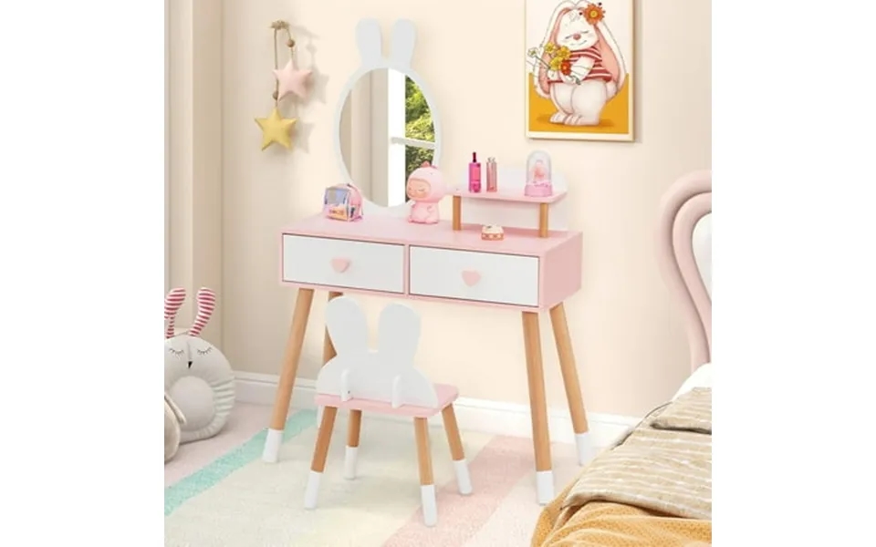 Olakids Kids Vanity Set 2 In 1 Wooden Princess Makeup Table And Chair With Mirror Storage Drawers Shelf For Little Girls