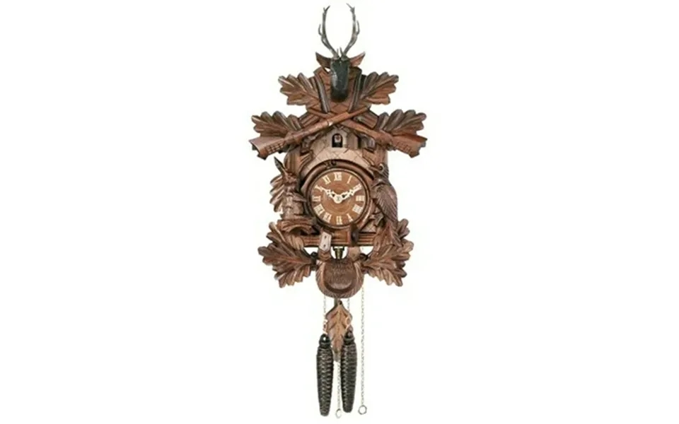 One Day Hunter S Cuckoo Clock With Hand-carved Oak Leaves Animals Crossed Rifles And Buck