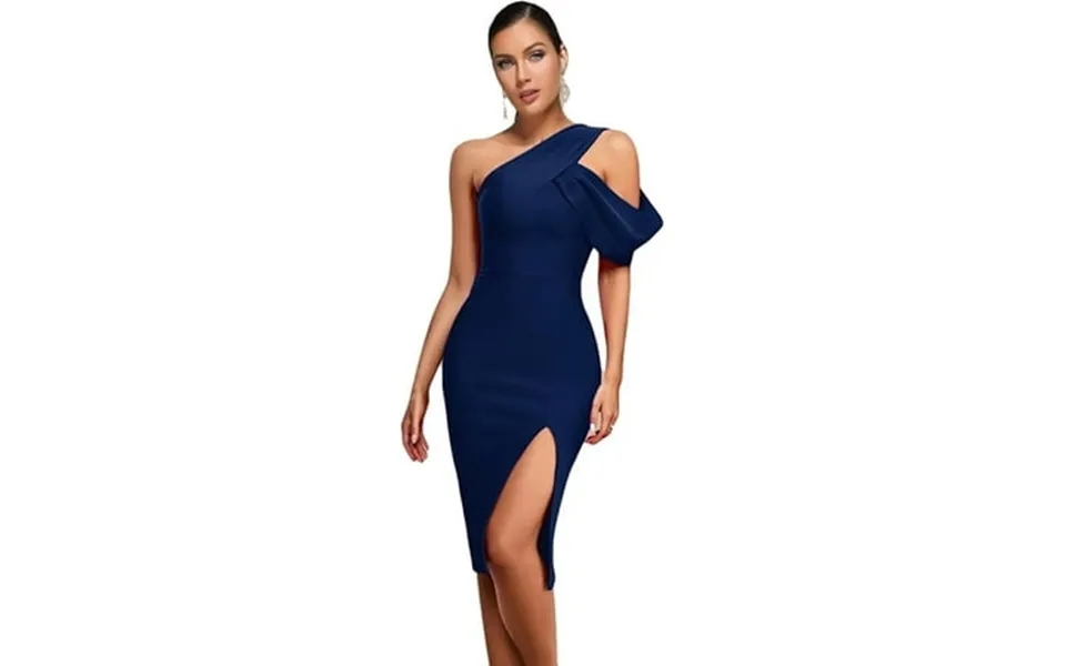 One Shoulder Ruffle Wedding Guest Dress Slit Bandage Cocktail Dress Formal Party Gowns Color Navy Medium