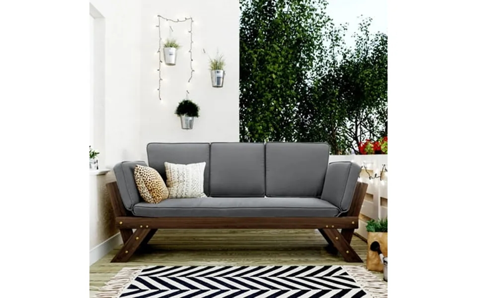 Outdoor Patio Daybed Sunbed Expandable Chaise Lounge Sofa Bed With Cushions And Adjustable Armrest Wooden Patio Furnitur