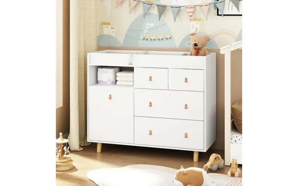 Oxylife 45 Baby Nursery Changing Table Dresser With 4 Drawers And Shelf For Nursery Room White
