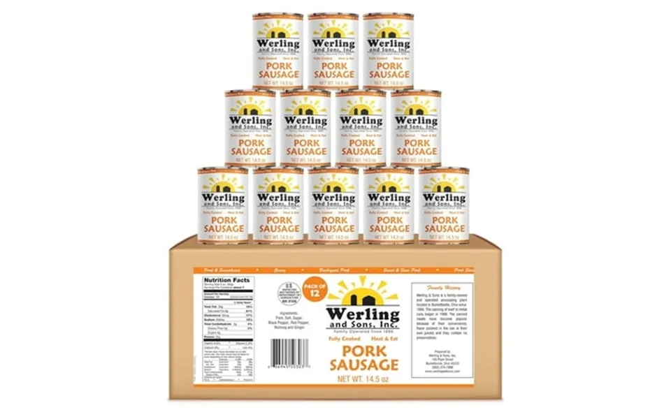 Pack Of 12 Werling & Sons Canned Heat & Eat Pork Sausage 14.5 Oz Fully Cooked Ready To Eat Canned Meat Long Shelf Life G