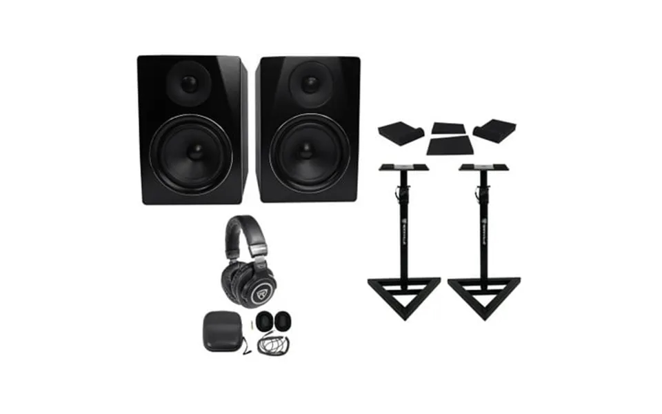 Pair Rockville Apm6b 6.5 350w Powered Studio Monitors Stands Pads Headphones