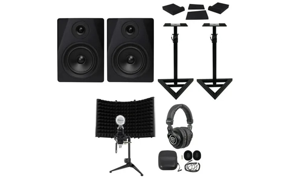 Pair Rockville Dpm5b 5.25 300 Watt Studio Monitors Stands Headphones Mic Shield