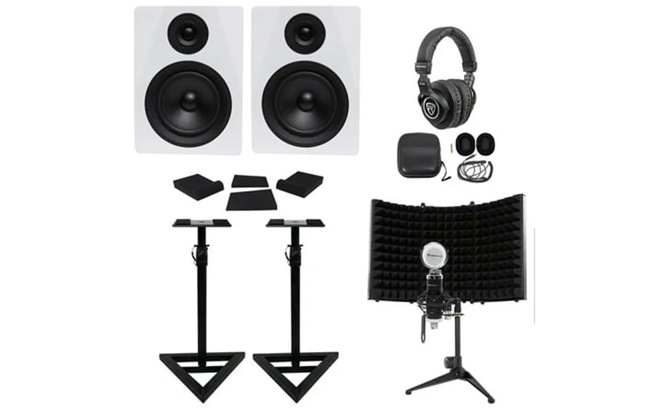 Pair Rockville Dpm5w 5.25 300 Watt Studio Monitors Stands Headphones Mic Shield