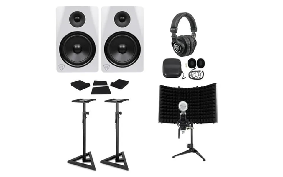 Pair Rockville Dpm8w 8 600 Watt Studio Monitors Stands Headphones Mic Shield