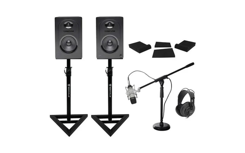 Pair Samson M50 5 Active Studio Monitors Stands Pads Headphones Mic Boom Stand