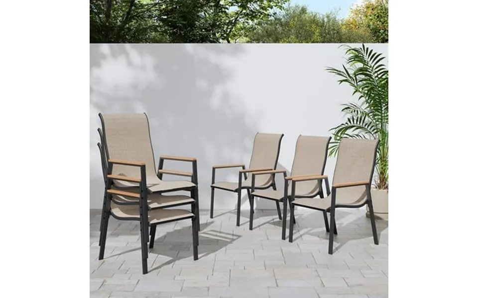 Patio Dining Chairs Set Of 6 Outdoor High Stacking Chairs Breathable Seat Fabric And Alloy Steel Frame For Backyard Porc