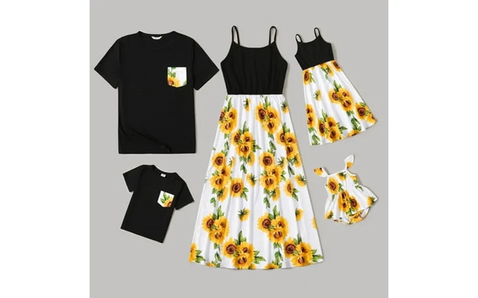 Patpat Family Matching Solid Spaghetti Strap Splicing Sunflower Floral Print Dresses And Short Sleeve T-shirts Sets