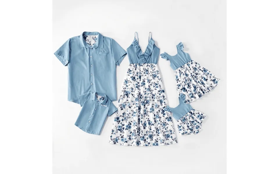 Patpat Mosaic Cotton Family Matching Outfits Mommy And Me Dark Blue Dresses And Denim Tops Polo Shirts Sets Boy 2-8 T