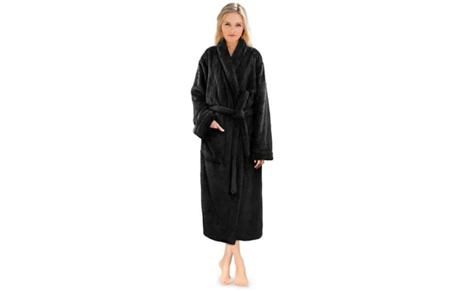 Pavilia Premium Womens Plush Soft Robe Fluffy Warm Fleece Sherpa Shaggy Bathrobe S M Black