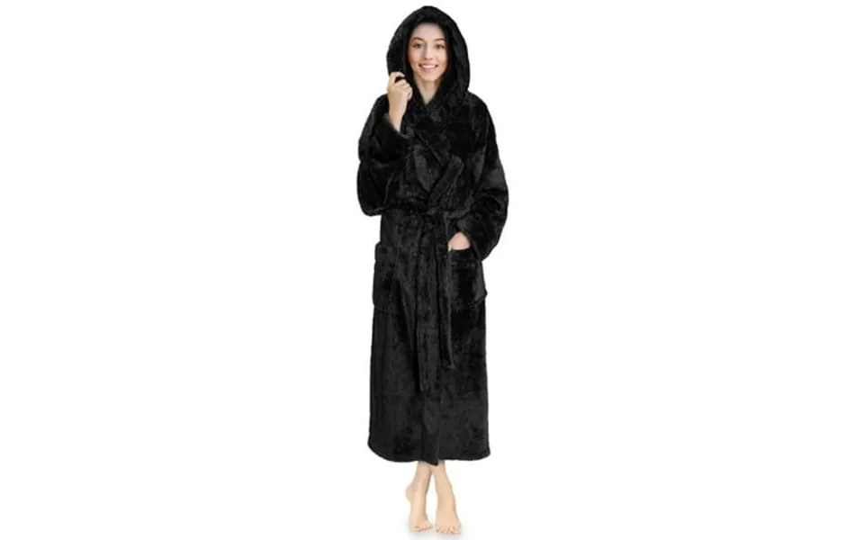 Pavilia Women Hooded Plush Soft Robe Fluffy Warm Fleece Sherpa Shaggy Bathrobe S M Black