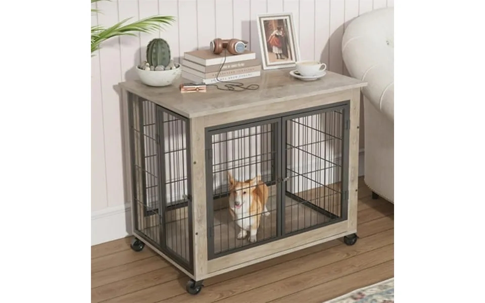 Pefilos 24 Dog Crate For Medium Dogs Furniture Dog Cage For Indoor Dog House With Double Doors And Lift Top With Casters