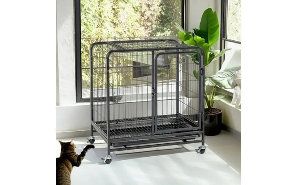 Pefilos 26 Indoor Metal Wire Cat Cage Durable Cat Enclosure With Double Doors Lockable Wheels And Slide-out Trays Small