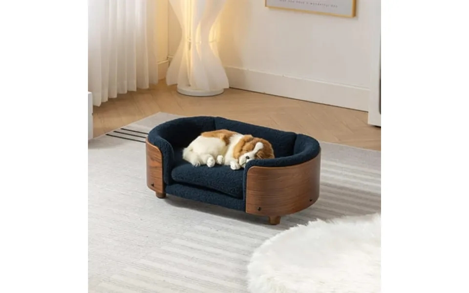 Pefilos 26 Pet Sofa For Indoors Dogs Cat And Dog Bed With Solid Wood Legs And Walnut Bent Wood Back Cashmere Cushion Blu