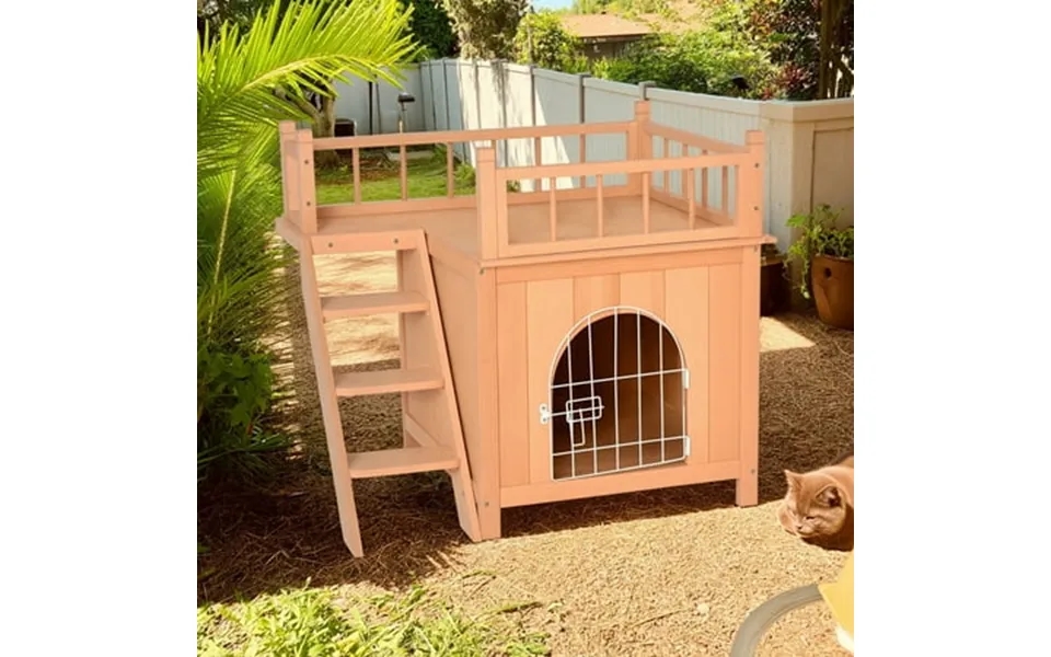 Pefilos 28 Outdoor Cat House With Lockable Wire Door Stairs Outside 2-story Feral Cat Shelter Indoor Kitty Condo Orange