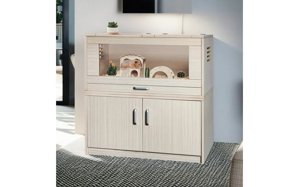 Pefilos 33 Wood Hamster Cage With Bridge Rat House Cage-leak Proof Plastic Tray Guinea Pig Hutch Light Beige