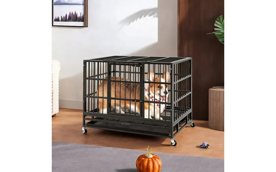 Pefilos 38 Inch Heavy Duty Dog Crate Escape Proof Dog Cage Kennel With Lockable Wheels Large House Indoor For Large Dog