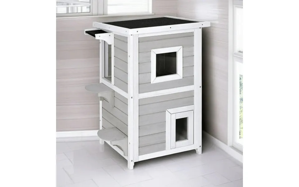 Pefilos 39 2-story Cat House For Outdoor Cats Weatherproof Cat Shelter With Escape Door Wood Cat Condo For 3 Adult Cats