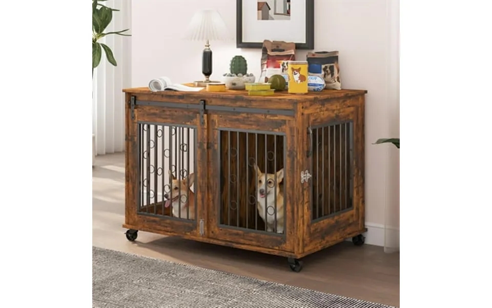 Pefilos 39 Dog Crate For Medium Dogs Sliding Door Wooden Dog Cage With Partition For Two Puppies Dog House Indoor Brown