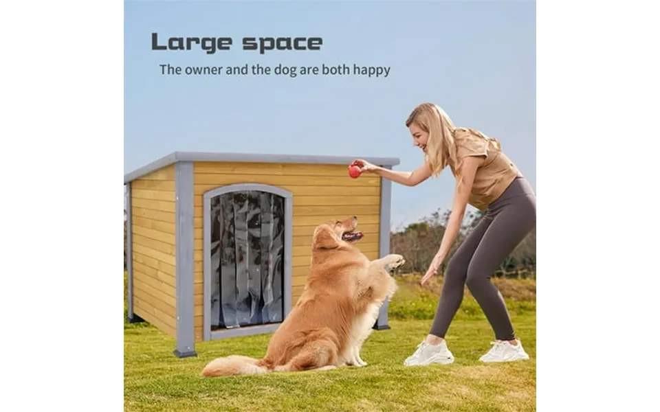 Pefilos 44 Wooden Dog House For Medium To Large Dogs Outdoor Weatherproof Pet Cat House With Plastic Curtain Insulation
