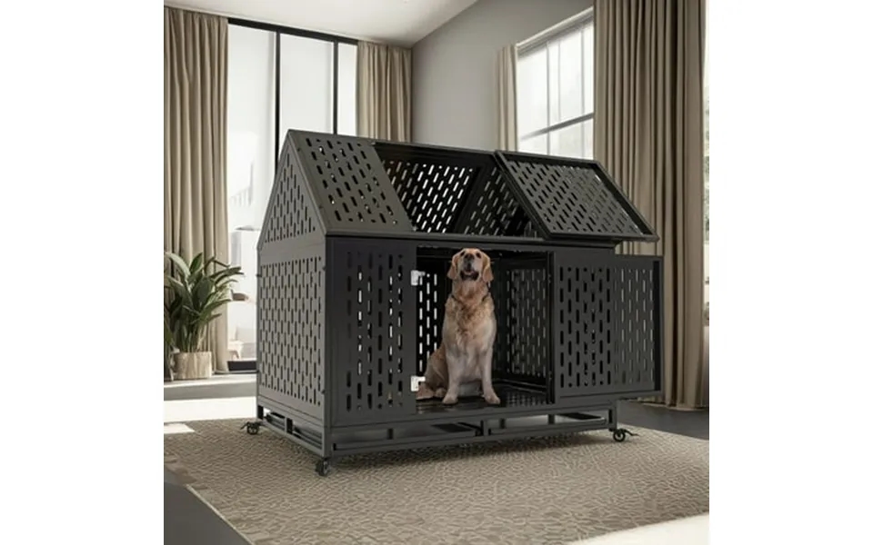 Pefilos 45 Large Dog Cage For Indoor Heavy Duty Metal Dog Crate Kennel With 4 Universal Wheels Openable Pointed Top And