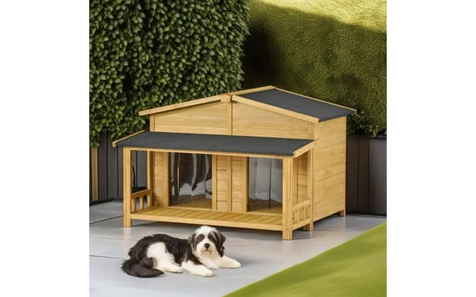 Pefilos 47 Large Wooden Dog House For Outdoor And Indoor Cat Shelter With 2 Doors And Porch Cabin Style Pet Kennel Beige