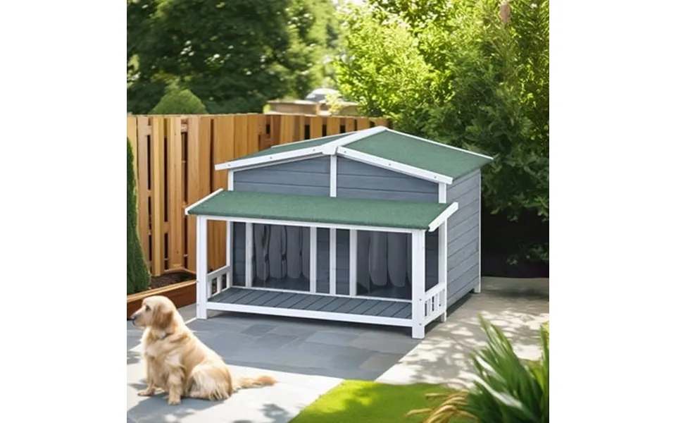 Pefilos 47 Large Wooden Dog House For Outdoor And Indoor Cat Shelter With 2 Doors And Porch Cabin Style Pet Kennel Gray