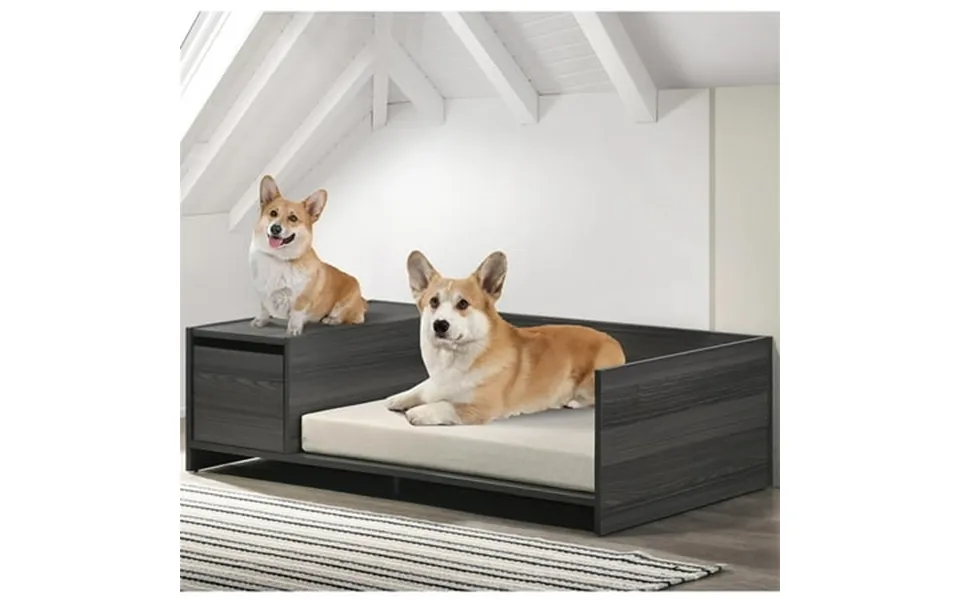 Pefilos 47 Wooden Dog Bed Small To Medium Elevated Pet Bed With Cushion And Side Storage Compartment Gray