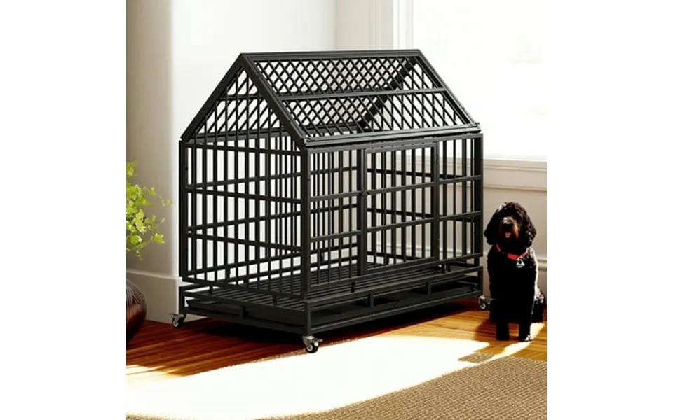 Pefilos 48 Heavy Duty Dog Crate With Pointed Roof And Removable Tray Folding Metal Kennel For Medium And Large Dogs Pet
