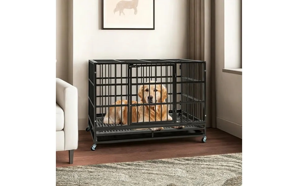 Pefilos 48 Large Dog House Indoor For Dogs Heavy Duty Dog Crate Escape Proof Dog Cage Kennel With Removable Tray And Whe