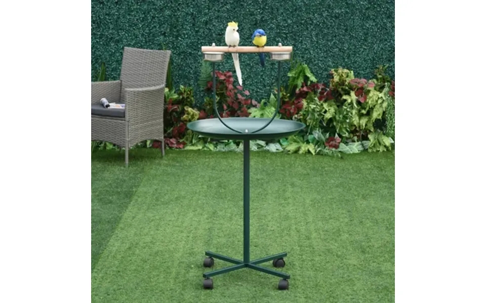 Pefilos 48 Stand Rack With Solid Wood Perch Feeding Bowls Rolling T-stand Bird Training Activity Playground Green