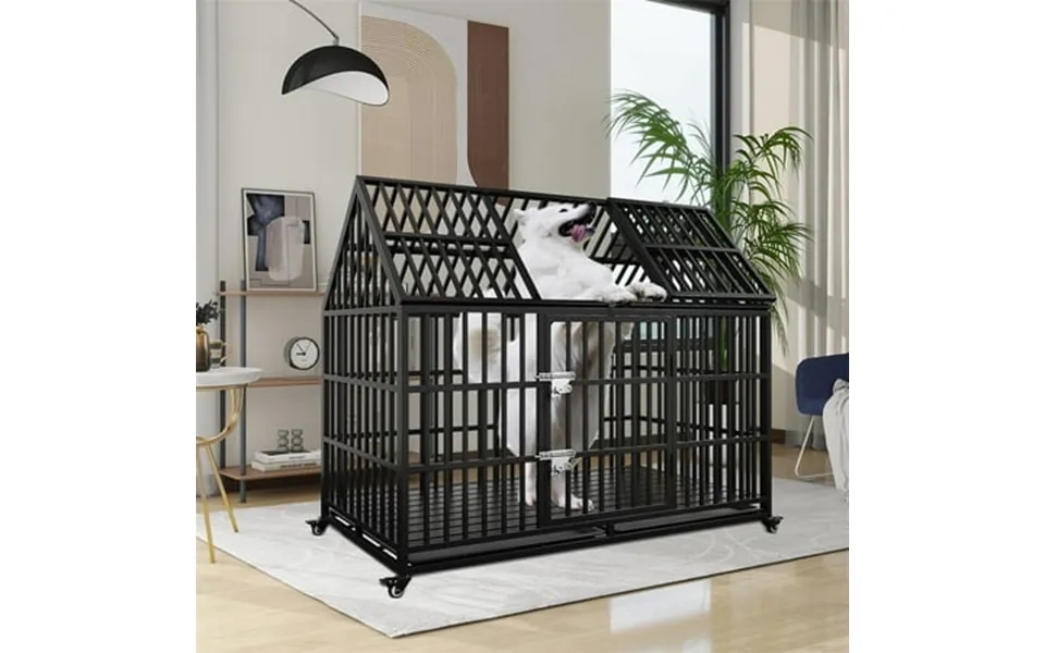 Pefilos 54 Heavy Duty Metal Dog Crate With 4 Universal Wheels Dog Kennel Openable Pointed Top And Front Door Indoor For