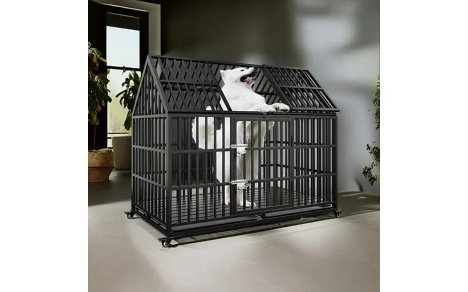 Pefilos 54 Large Dog Cage For Indoor Heavy Duty Metal Dog Crate Kennel With 4 Universal Wheels Openable Pointed Top And