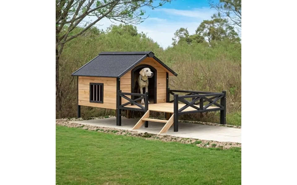 Pefilos 66 Outdoor Dog House Large Wooden Dog Kennel With Porch Cabin House Style Pet Houses For Cats Brown