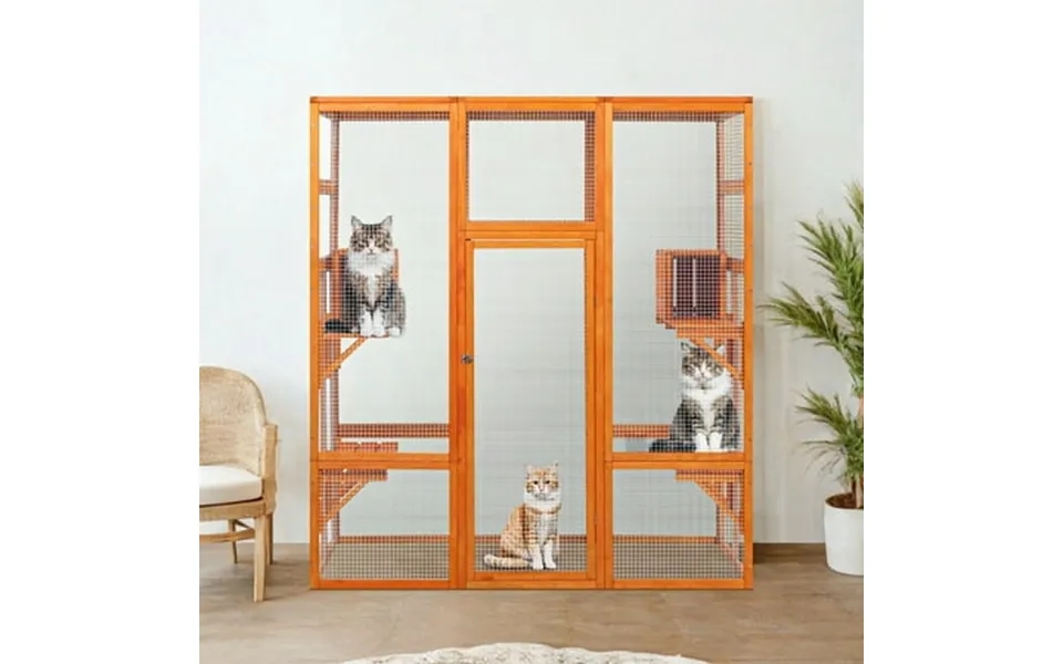 Pefilos 70 Outdoor Wood Cat House Catio Kitty Enclosure Large Cat Cage Condo Playpen With Platforms And Small House Oran