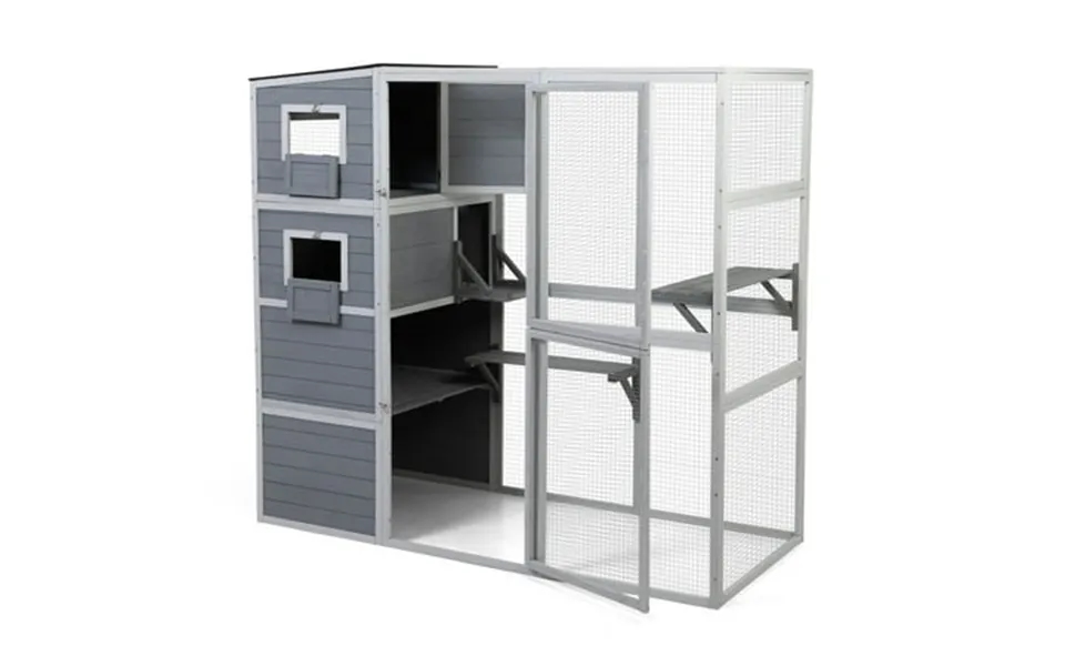 Pefilos 76 Outdoor Cat House For Large Wood Kitty Catio Enclosure Cat Cage Condo Indoor With Platforms Gray