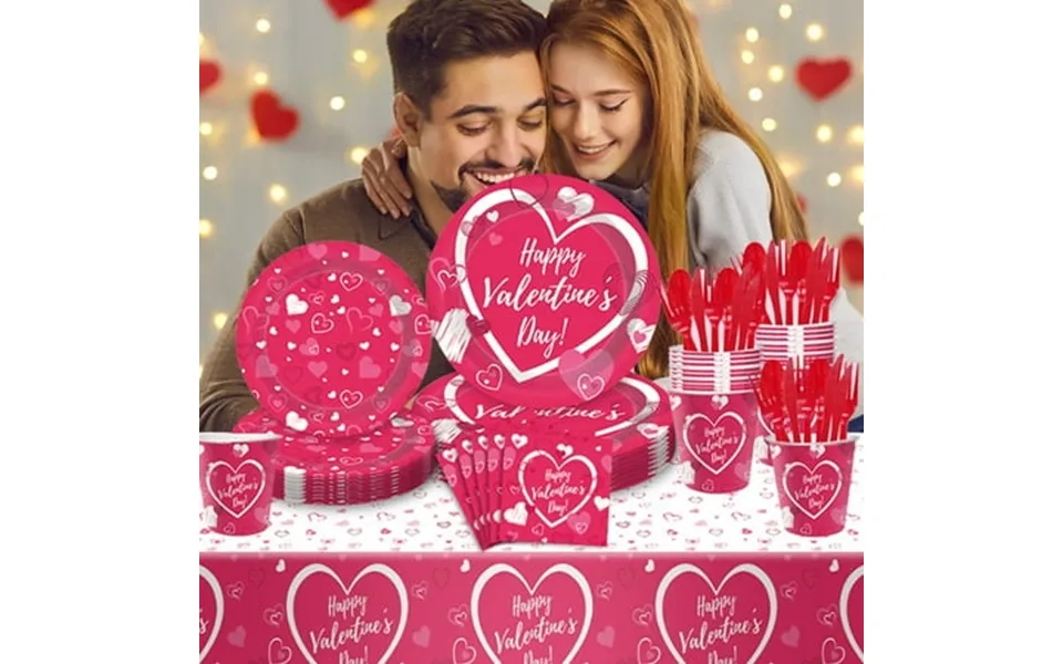 Penkiiy Valentine S Day Party Supplies-red Love Heart Tableware Set Dinner Dessert Plates Napkins Forks Tablecloth Dispo