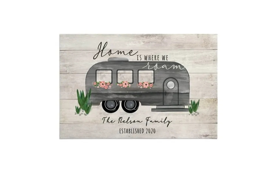 Personalized Planet 27x18 Home Is Where We Roam Camper Doormat With Custom Personalization Printed On Light Gray Rectang