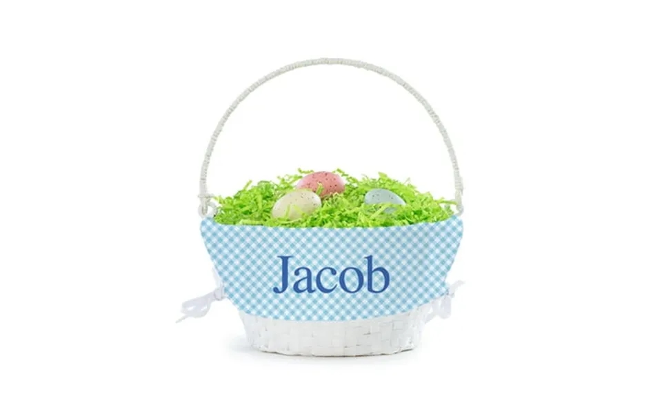 Personalized Planet Blue And White Liner With Custom Name Printed In Blue Letters On White Woven Spring Easter Basket Wi