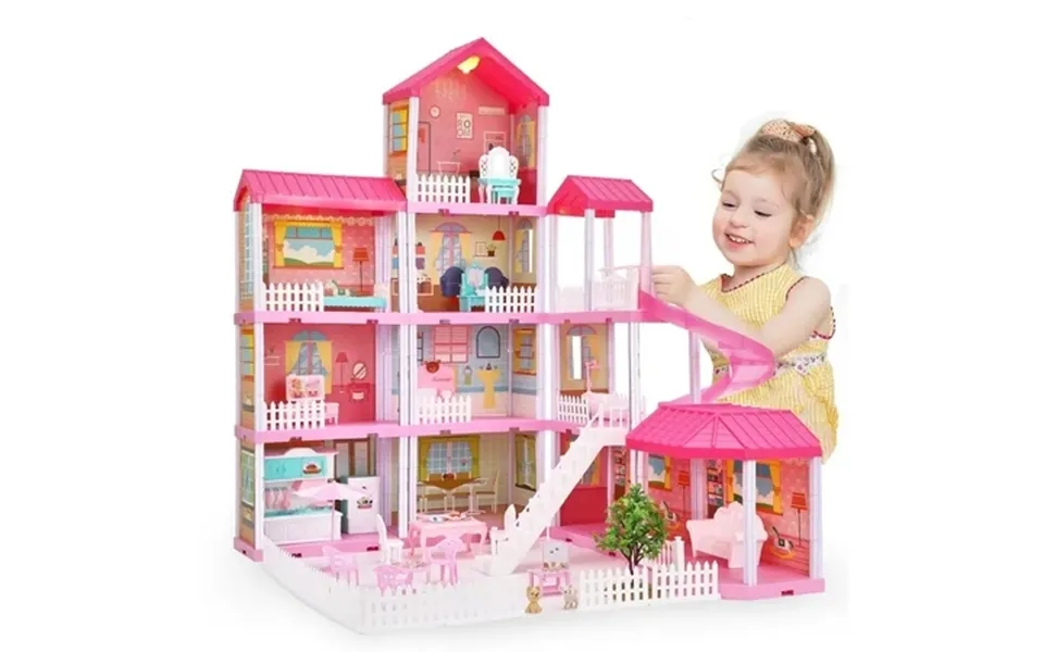 Petbank Doll House For Girls 4-story 11 Rooms Princess House Pretend Play House With 2 Dolls Furnitures Led Light Portab