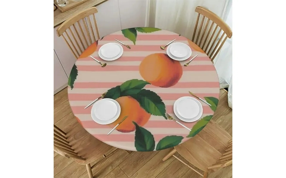 Phyhoo Cartoon Cute Peach Striped Fitted Round Tablecloth Waterproof Table Cloth With Elastic Edge Wipe Clean Table Cove