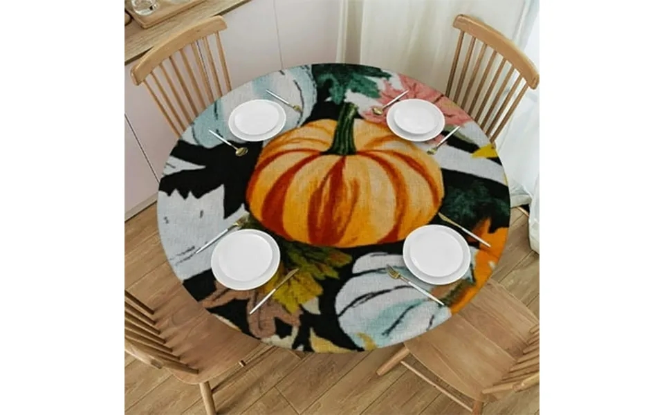Phyhoo Round Fitted Tablecloth With Elastic Edged Fall Pumpkin Striped Table Cover Washable Polyester Table Cloth For In