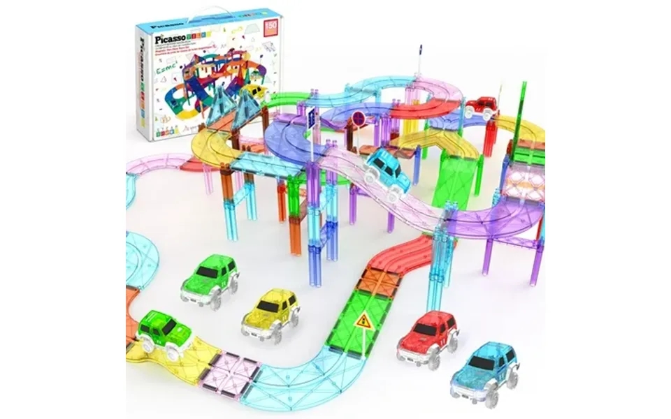 Picassotiles Race Track Magnetic Tiles For Kids With 4 Racing Cars 150pcs Stem Construction Building Blocks Educational