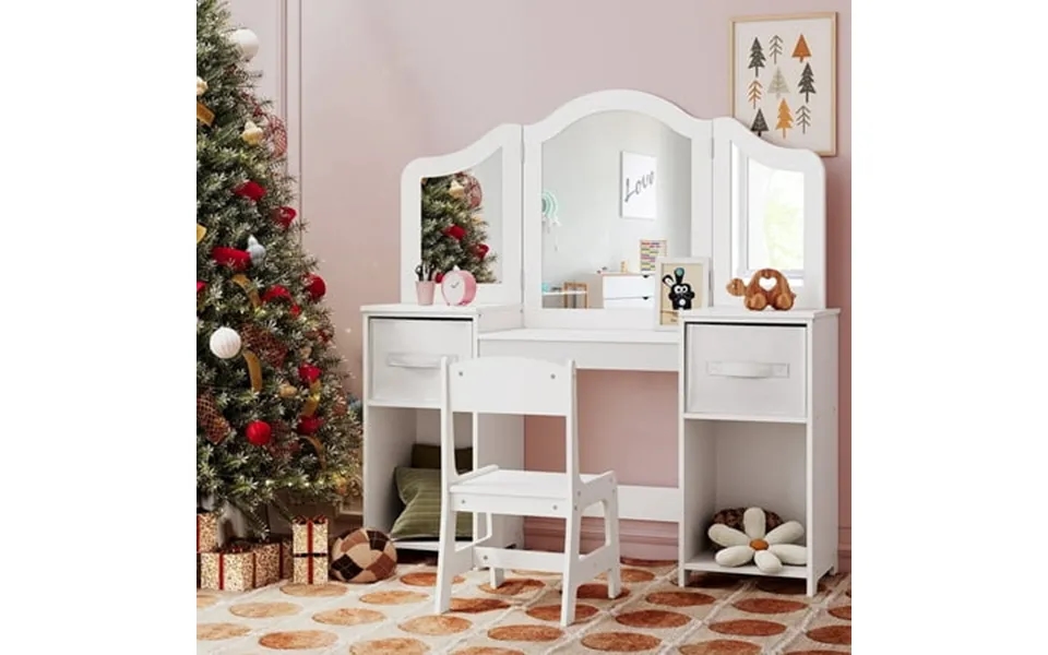 Pirecart Kids Vanity Table Set Tri-folding Mirror And Makeup Dressing Chair Set With 2 Canvas Drawers And Stool White