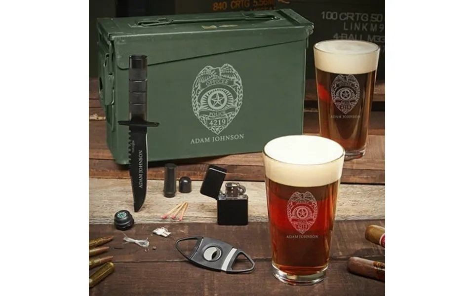 Police Badge Personalized .30 Cal Ammo Can And Pint Glasses Gift Set