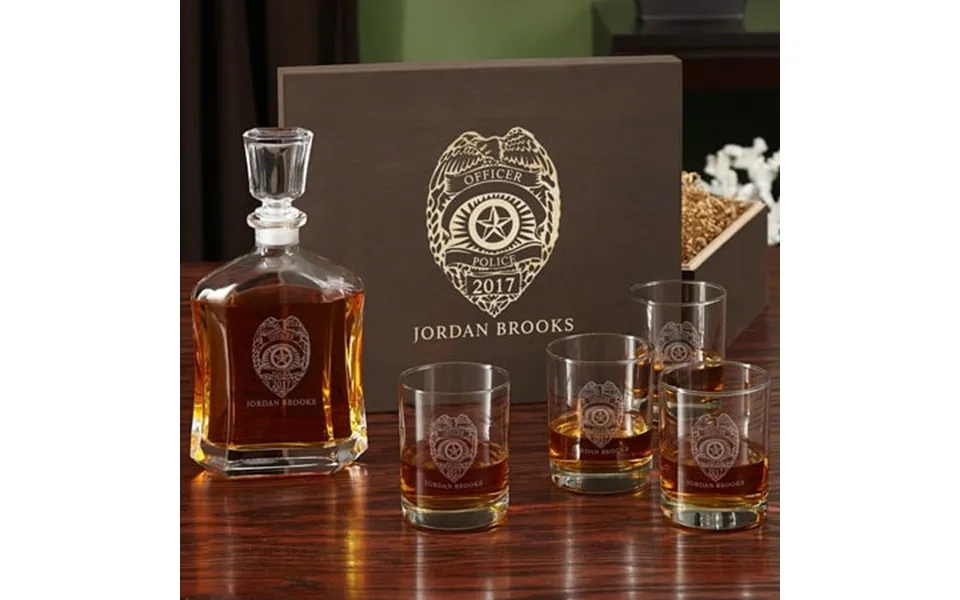 Police Badge Personalized Whiskey Decanter And Glass Set With Wood Box