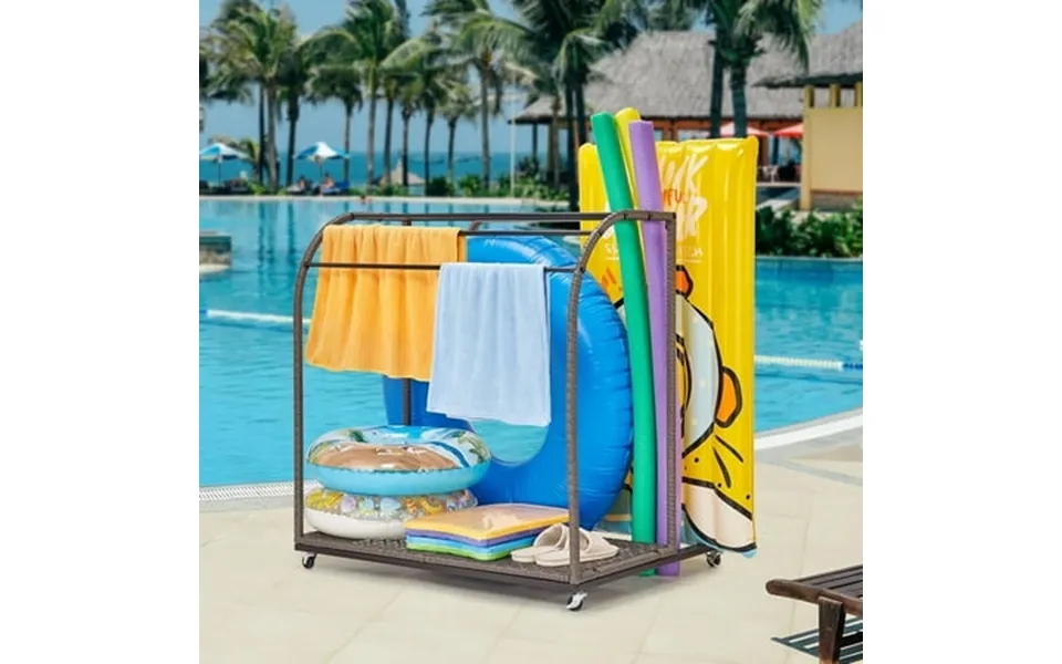 Pool Towel Rack Outdoor With Rattan Base 5 Bar Free Standing Poolside Beach Towel Rattan Weaving Outdoor Towel Rack Stor
