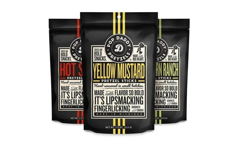 Pop Daddy Variety 7.5oz Bold Flavored Pretzel Sticks 3 Pack- Hot Sauce 1 Peppercorn Ranch 1 And Yellow Mustard 1